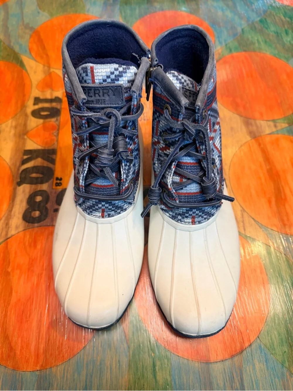 Womens Sperry sts82479 Ivory Blue Aztec Ankle Duck Boots Waterproof Size 7 Vacat